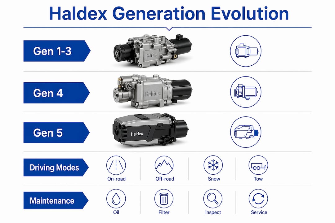 Infographic depicting Haldex system generations and responses under acceleration
