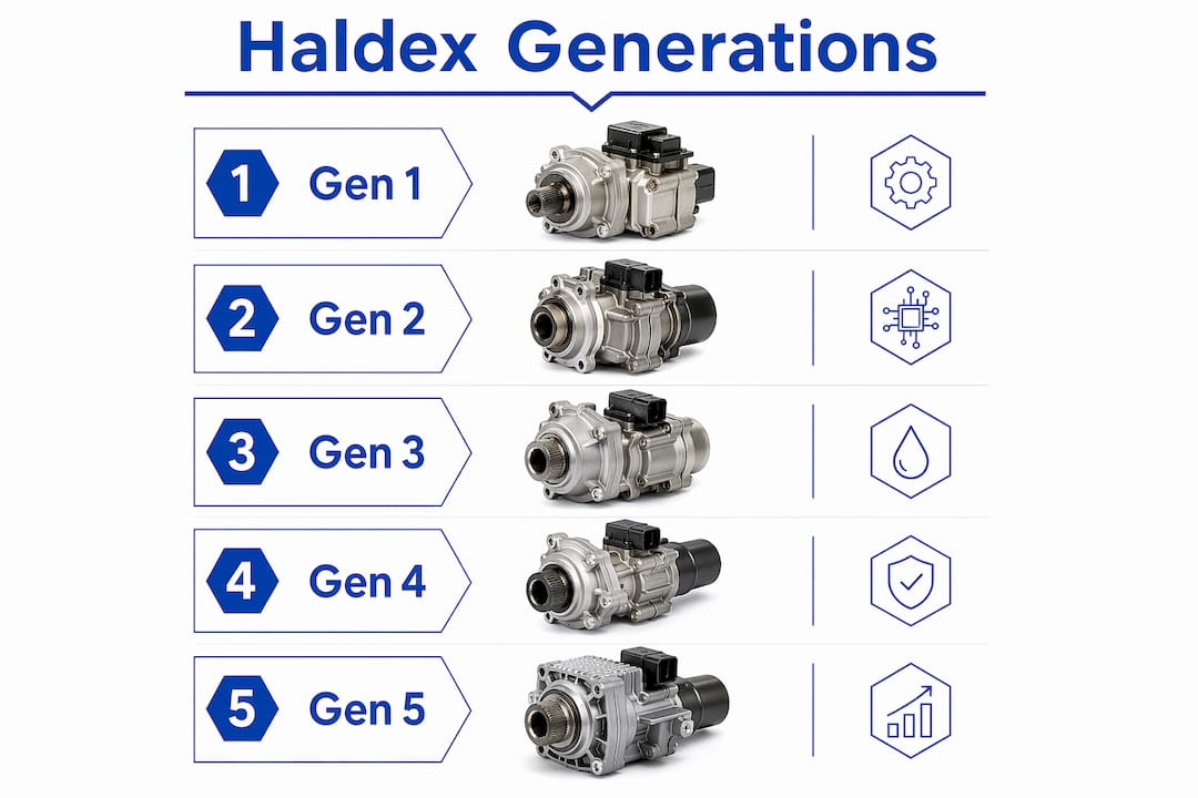 Infographic illustrating the five Haldex generations