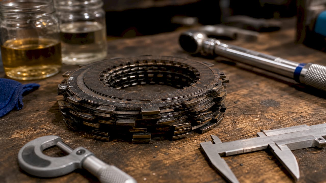Close-up of worn Haldex clutch pack plates on workbench
