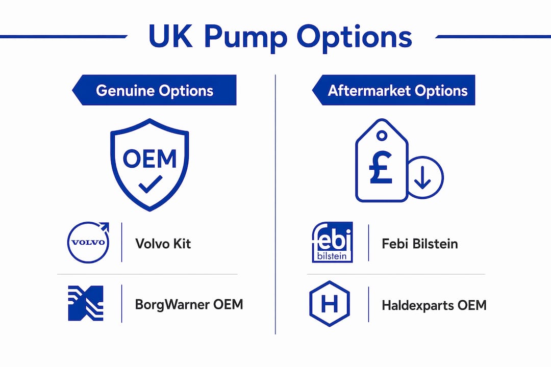 Infographic comparing UK Volvo 30783079 pump options