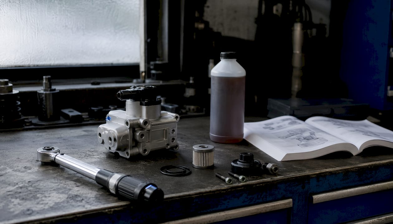Close-up of tools and parts for Haldex pump replacement