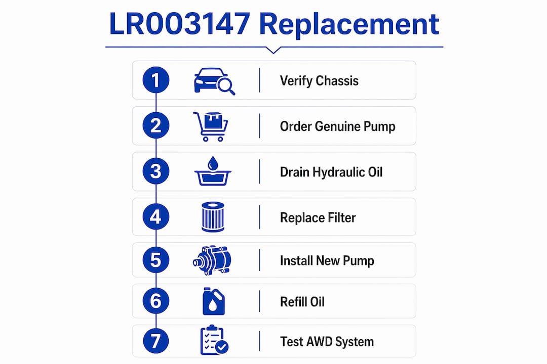 Infographic showing step-by-step LR003147 pump replacement process