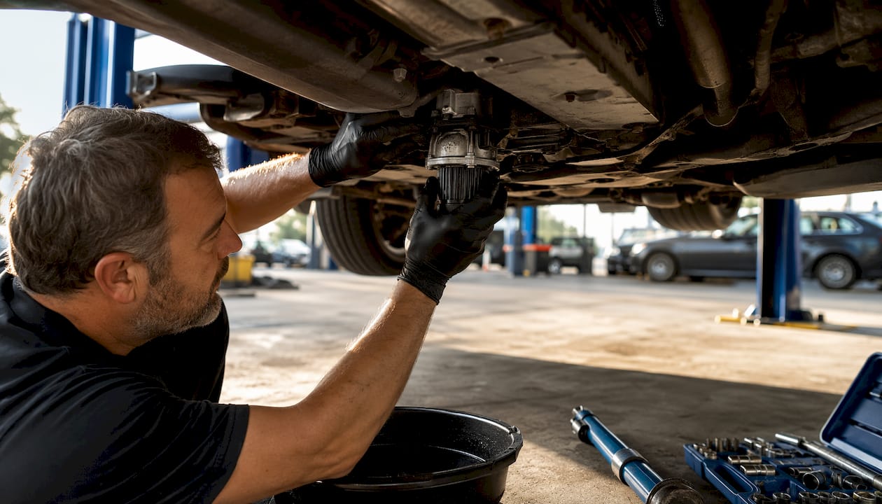 Hands installing Haldex filter under car