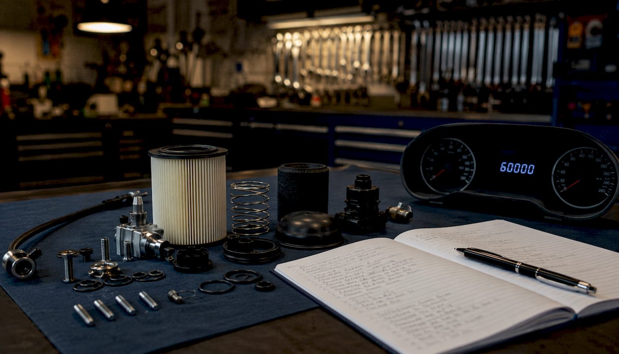 Overhead view of Haldex filter kit and maintenance log