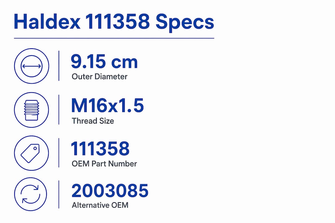Infographic showing Haldex 111358 filter key specifications
