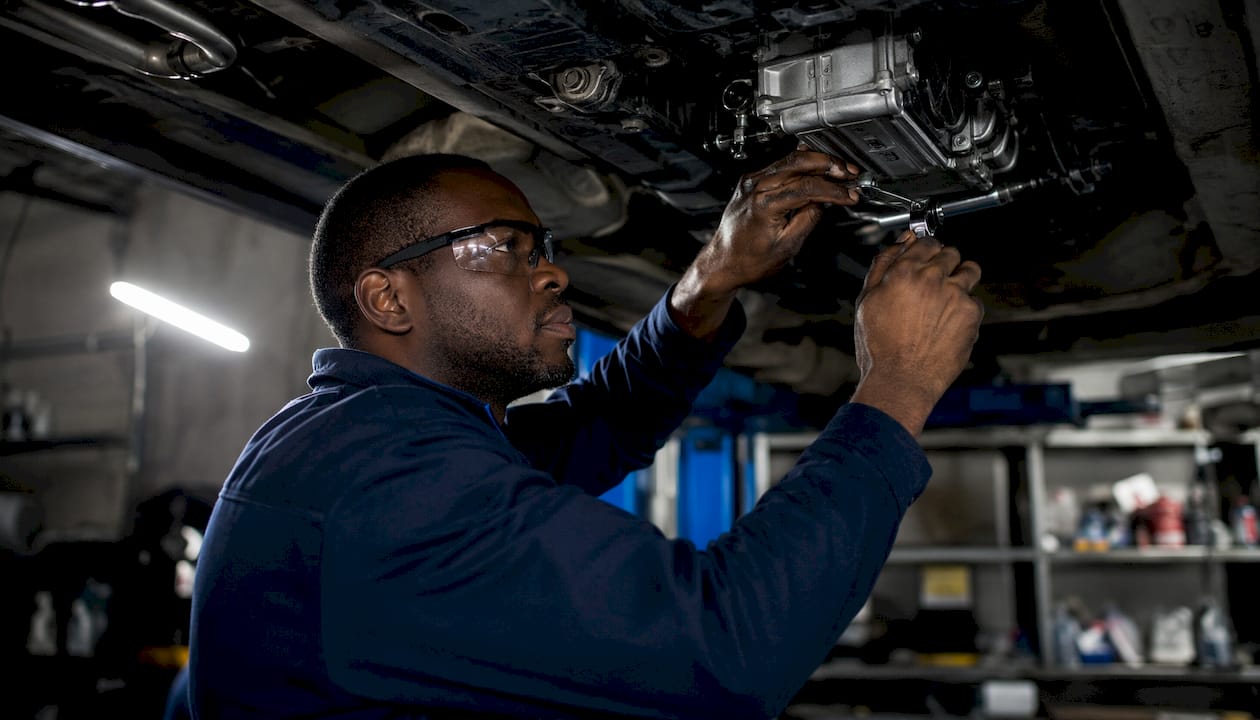 Side view of technician installing Haldex pump