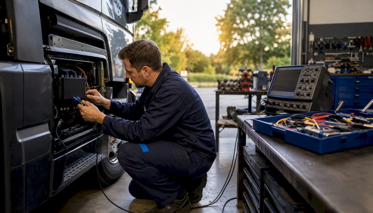 Technician connecting CAN bus diagnostic cables
