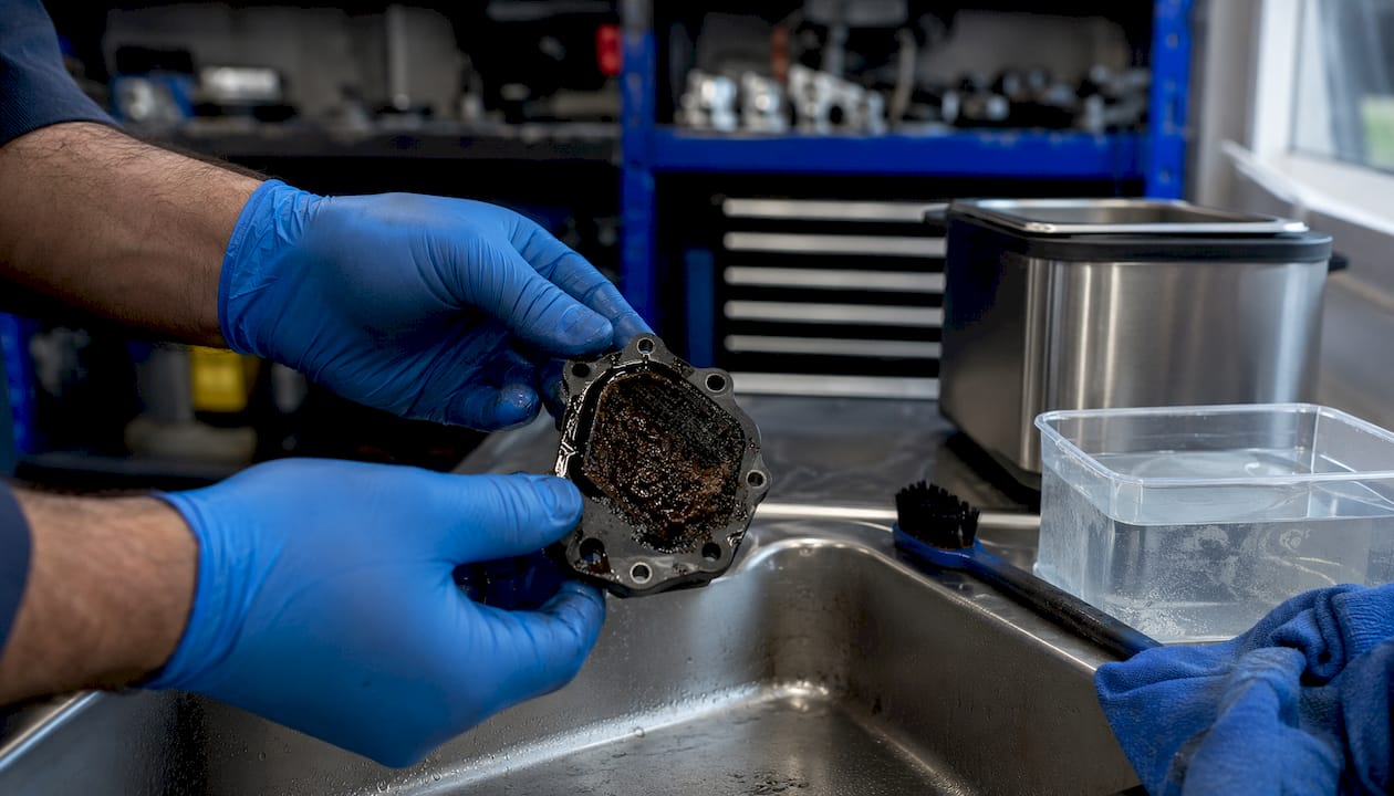 Hands cleaning clogged Haldex intake screen