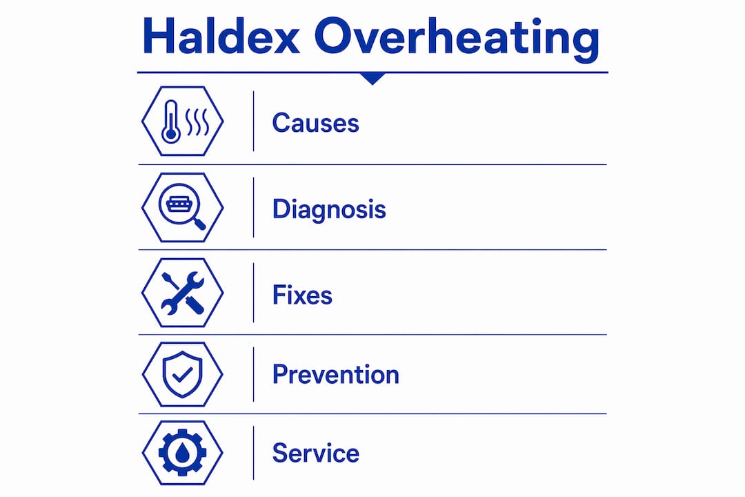 Infographic depicting causes, diagnosis, and fixes of Haldex overheating