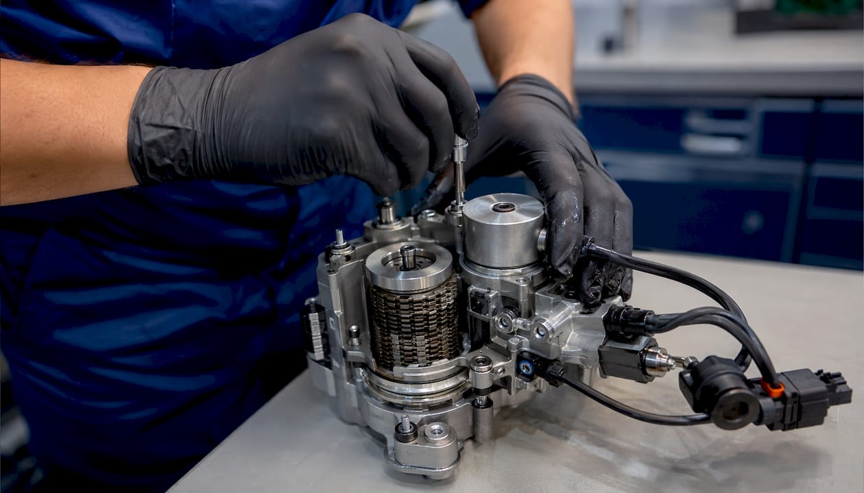 Close-up of Haldex coupling components with mechanic’s hands