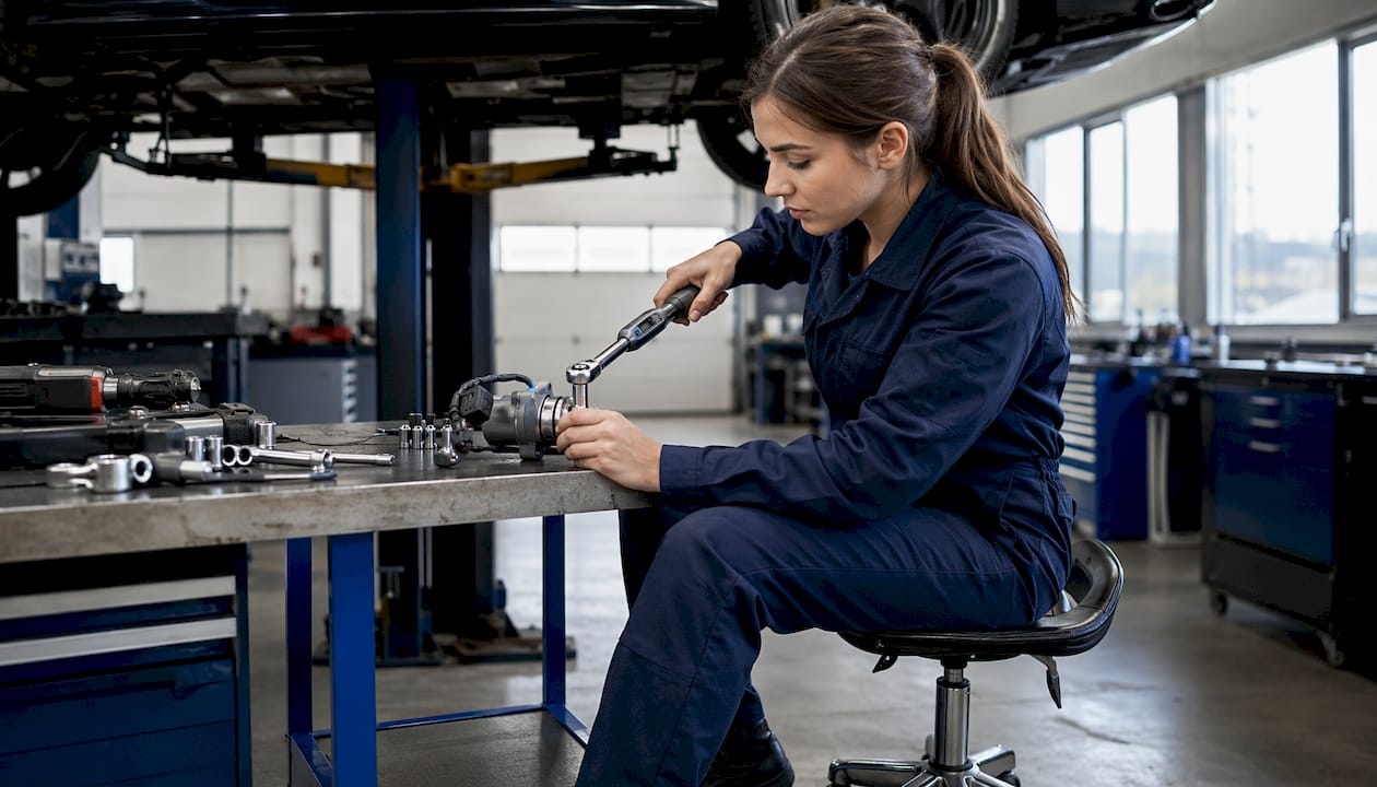 Technician using torque wrench on Haldex pump bolt