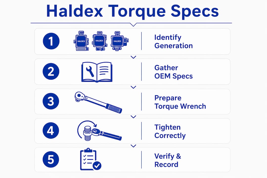 Infographic illustrating Haldex torque tightening steps by generation