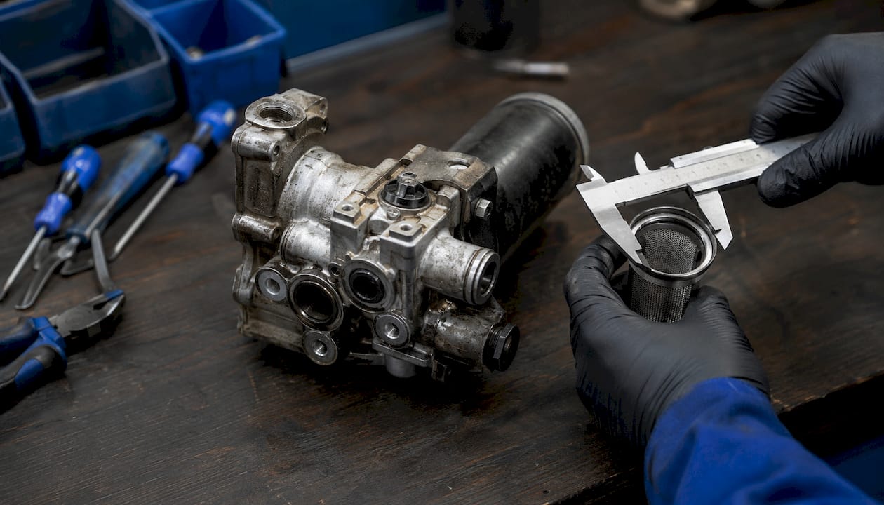 Close-up of Haldex pump and filter for technical inspection