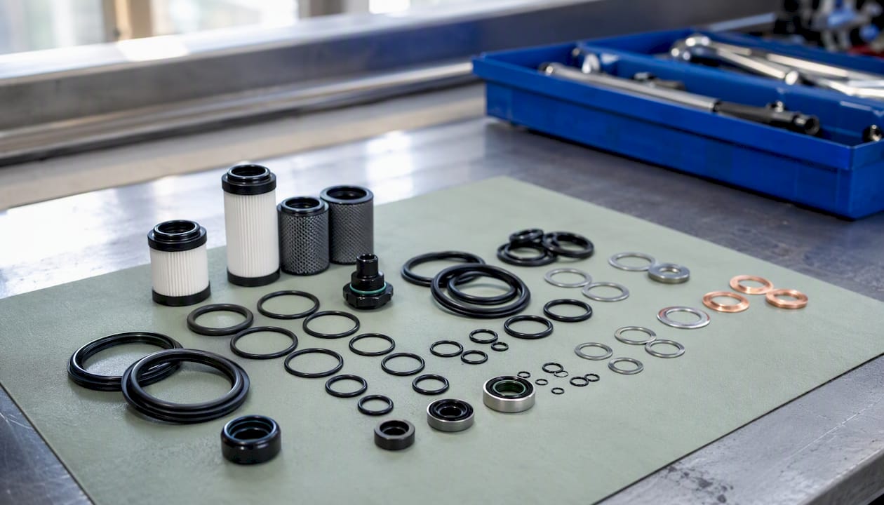 Close-up of laid-out Haldex rebuild kit parts