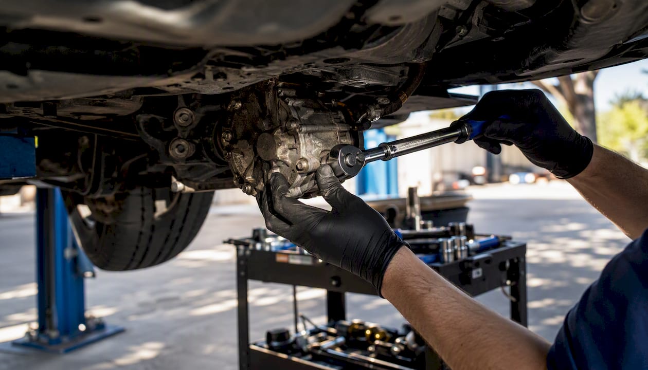 Hands using torque wrench on Haldex pump housing