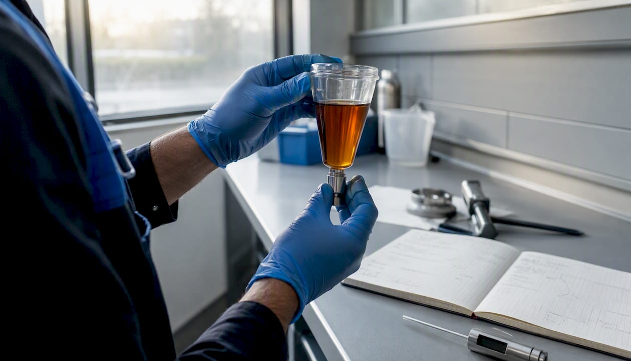 Hands measuring Haldex oil viscosity in lab