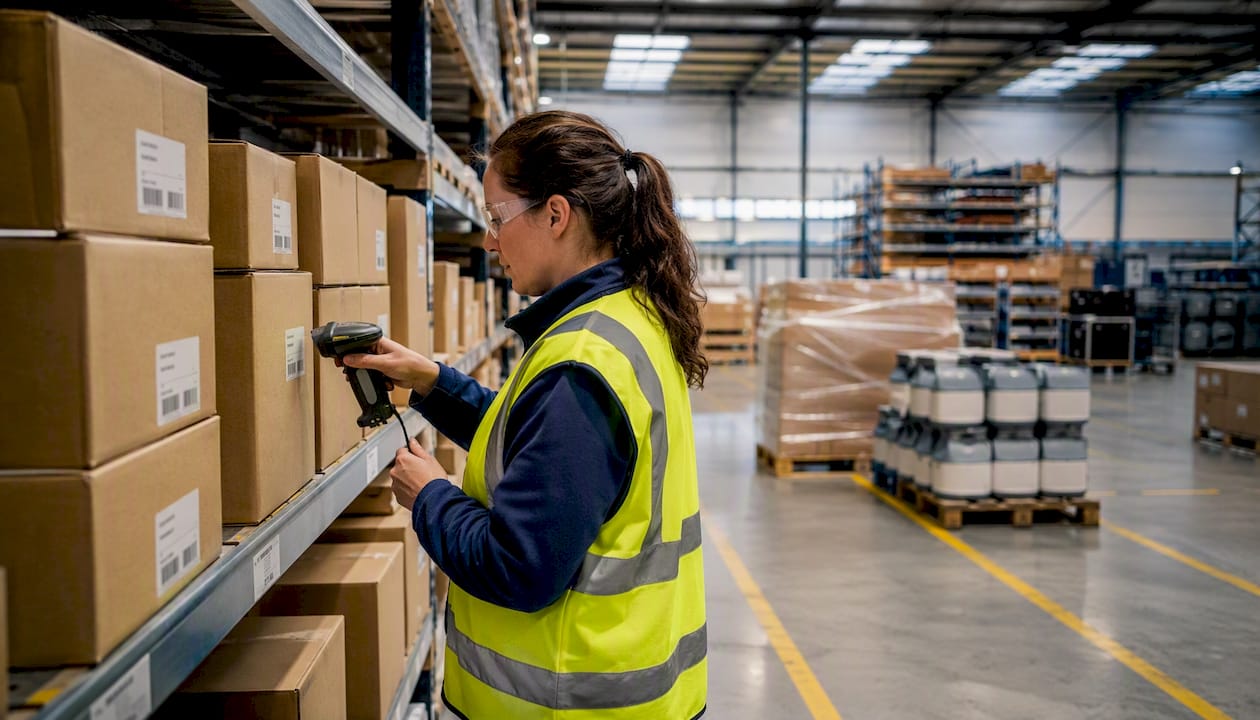 Warehouse worker scanning bulk Haldex parts