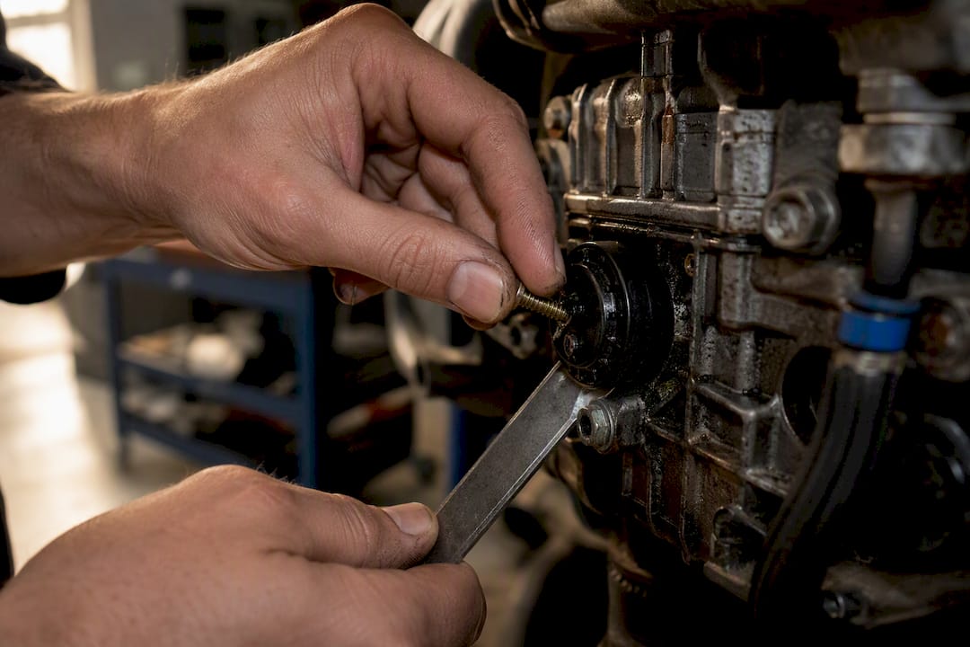 Hands applying screw and lever removal on stuck Haldex filter