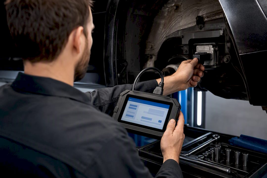 Technician performing AWD diagnostic scan