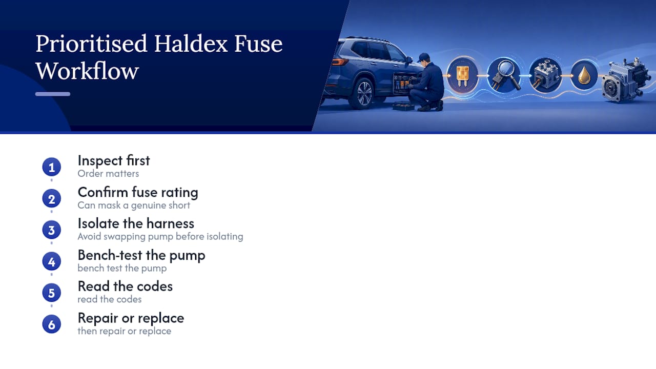 Five-stage Haldex fuse diagnostic workflow