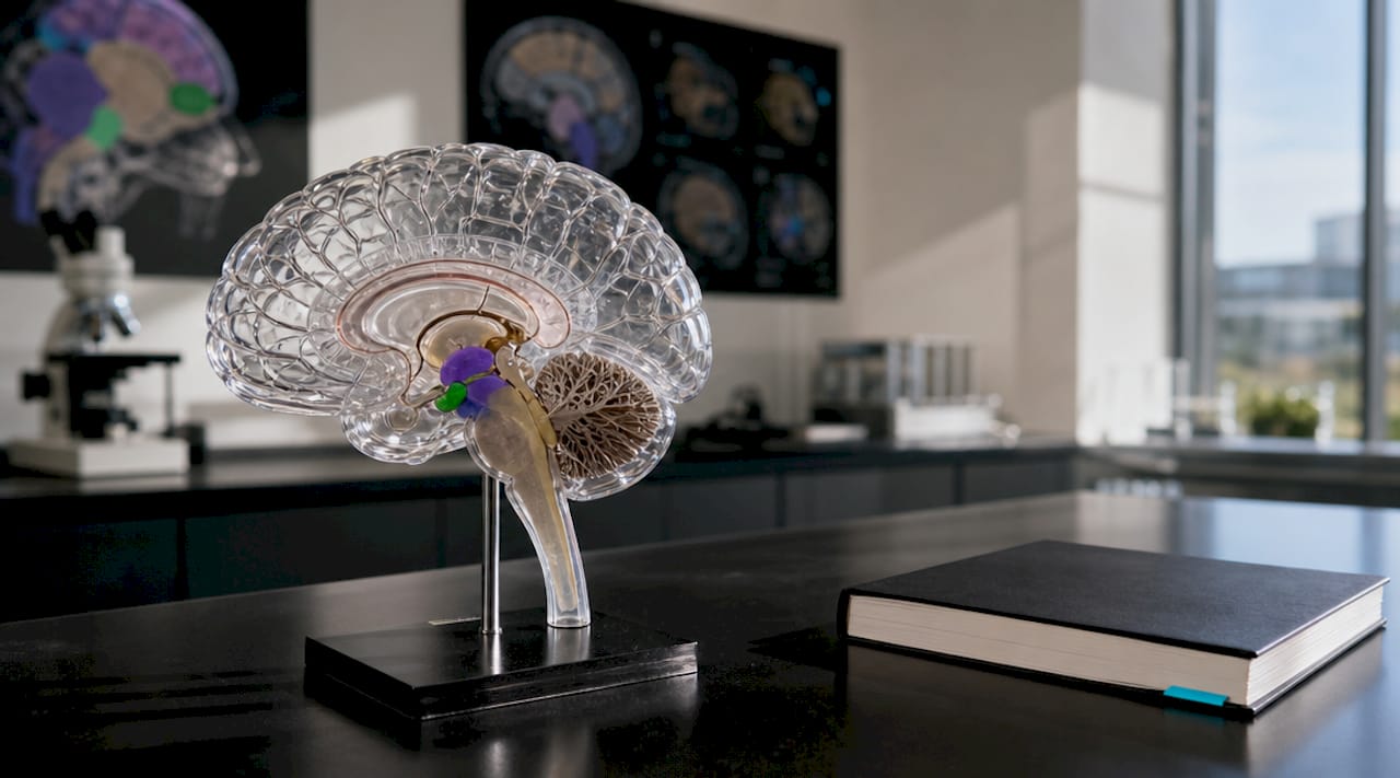 Close-up of brain model highlighting anxiety sleep pathway