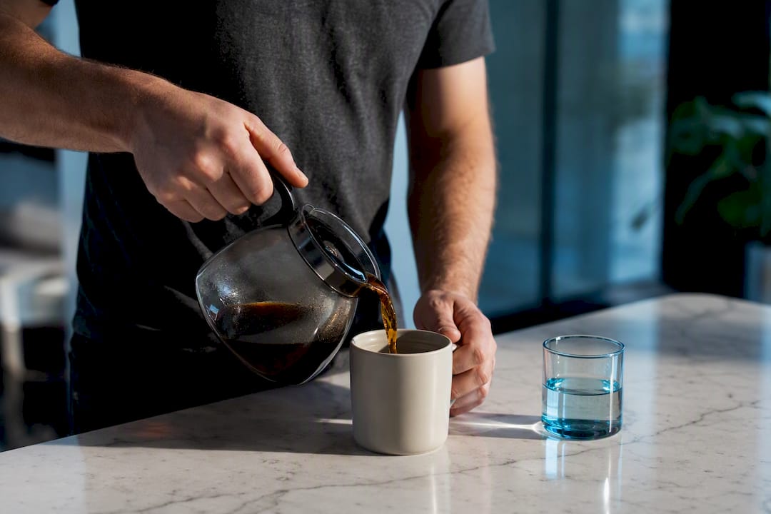 Coffee and water on kitchen counter