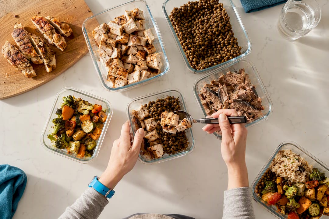 Protein foods being portioned for weekly meals