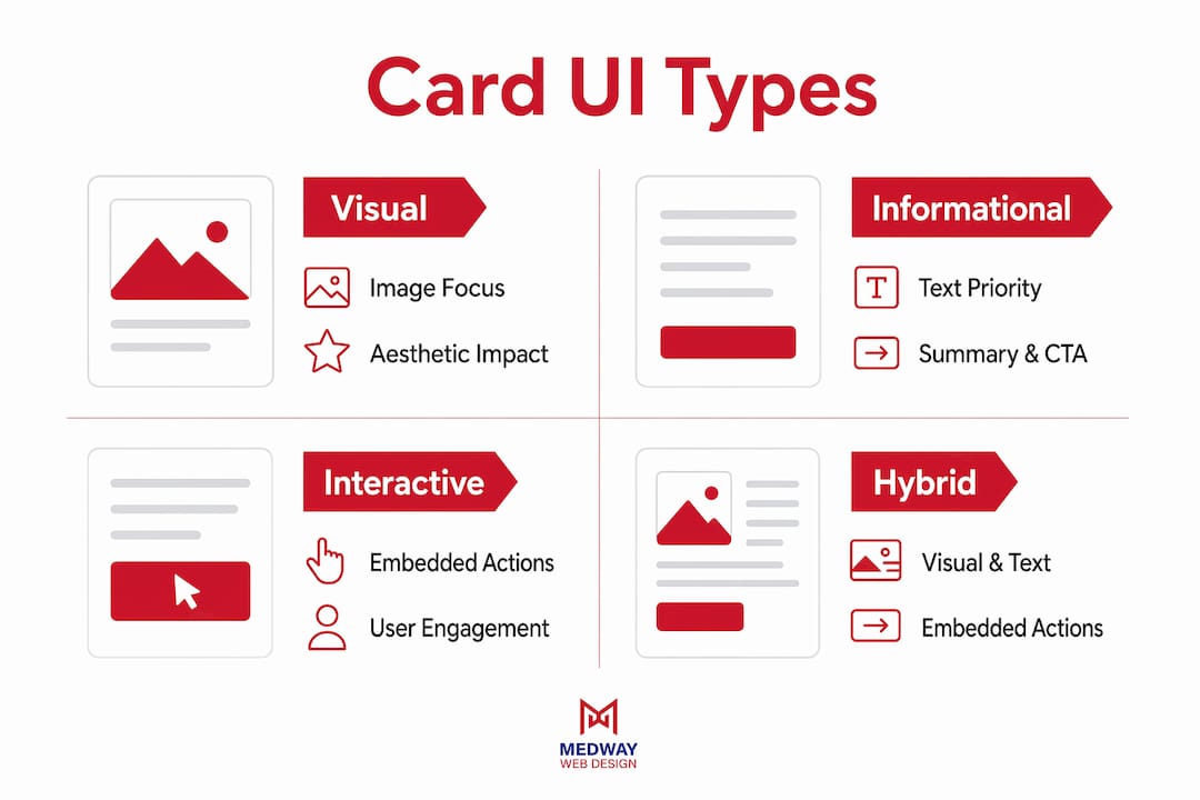 Infographic showing common card UI types side-by-side