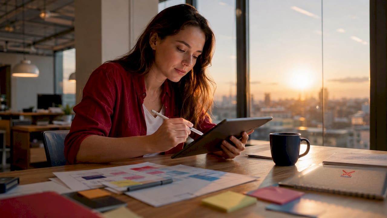 UX designer reviewing animation feedback at desk