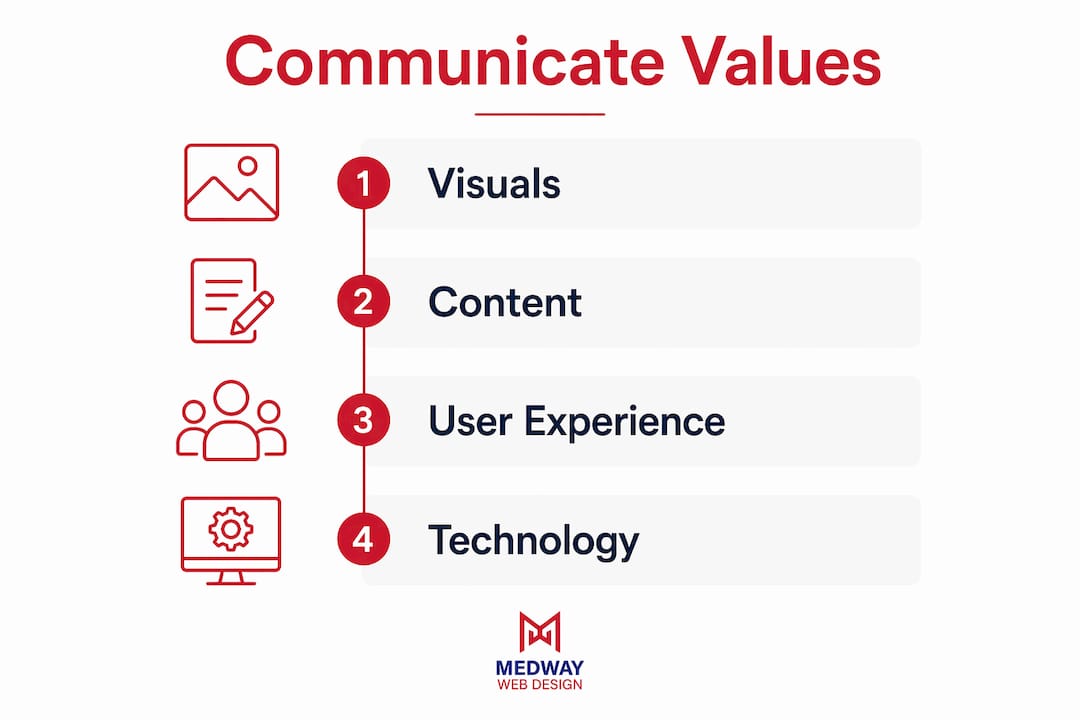 Infographic showing steps to communicate business values on a website