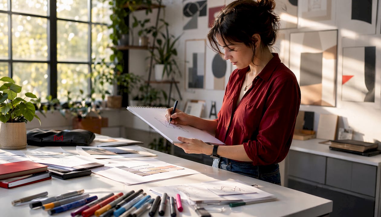 Designer sketching logo concepts at desk