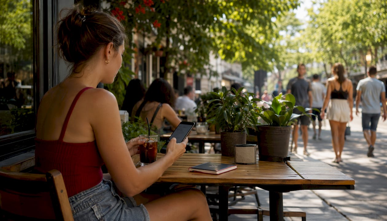 Customer using mobile website at café