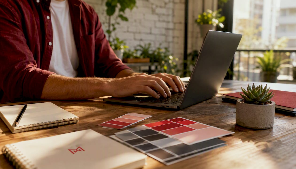 Hands typing with color swatches and notebook