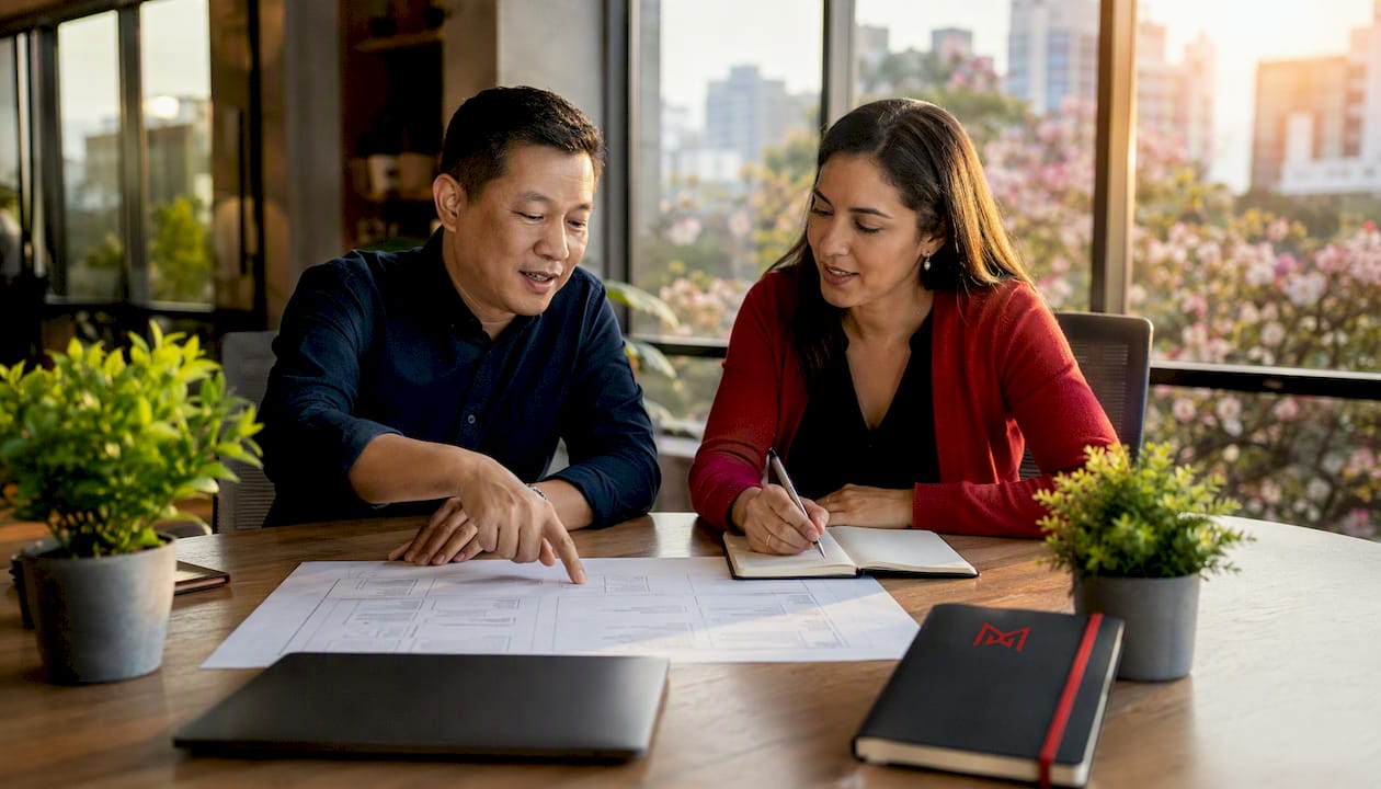 Professionals reviewing wireframe in meeting