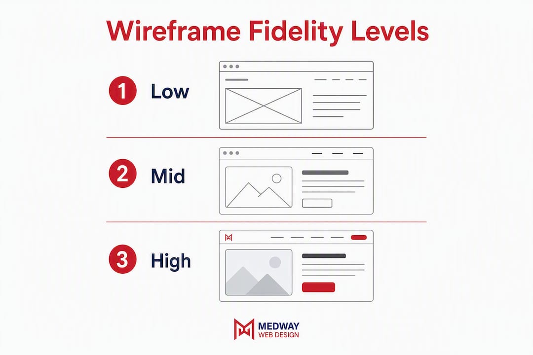 Infographic showing wireframe fidelity levels