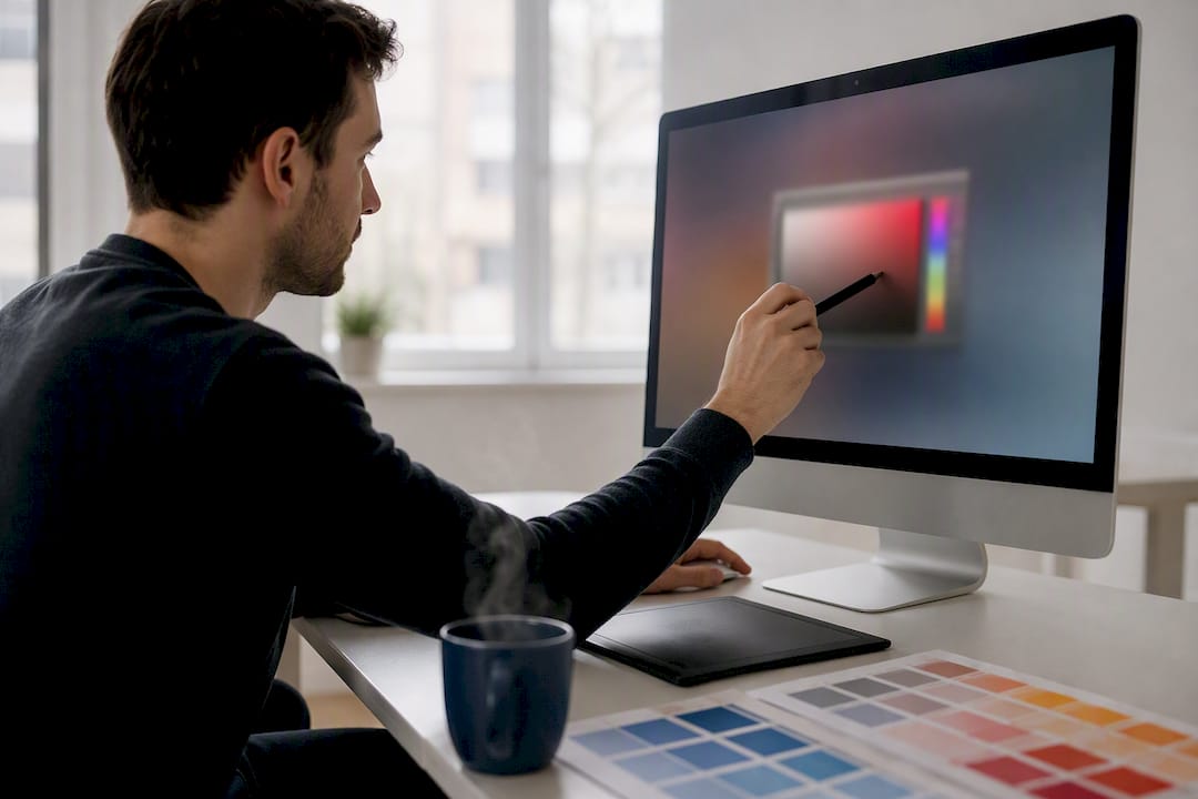 Hands using color picker on dark monitor