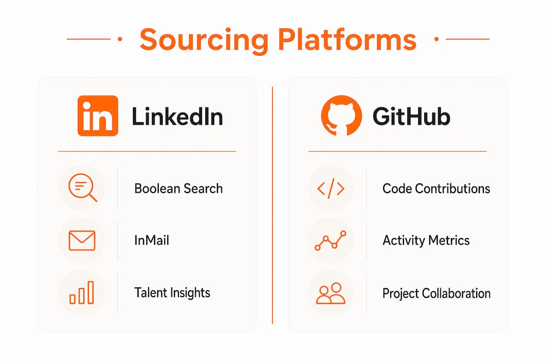 Infographic comparing LinkedIn and GitHub sourcing platforms for passive IT talent