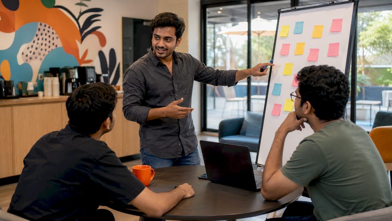 IT team lead pointing out skills on whiteboard