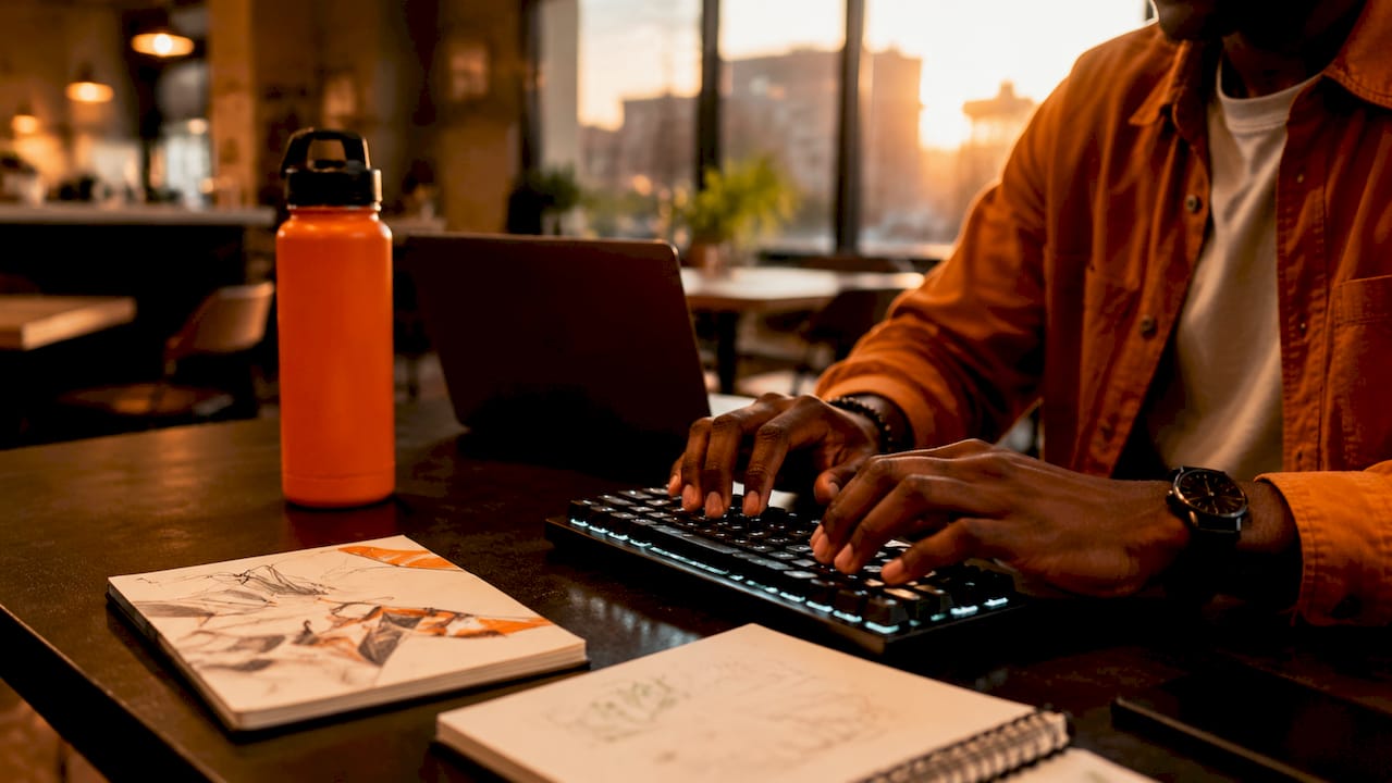 Close-up hands typing on keyboard at coworking desk