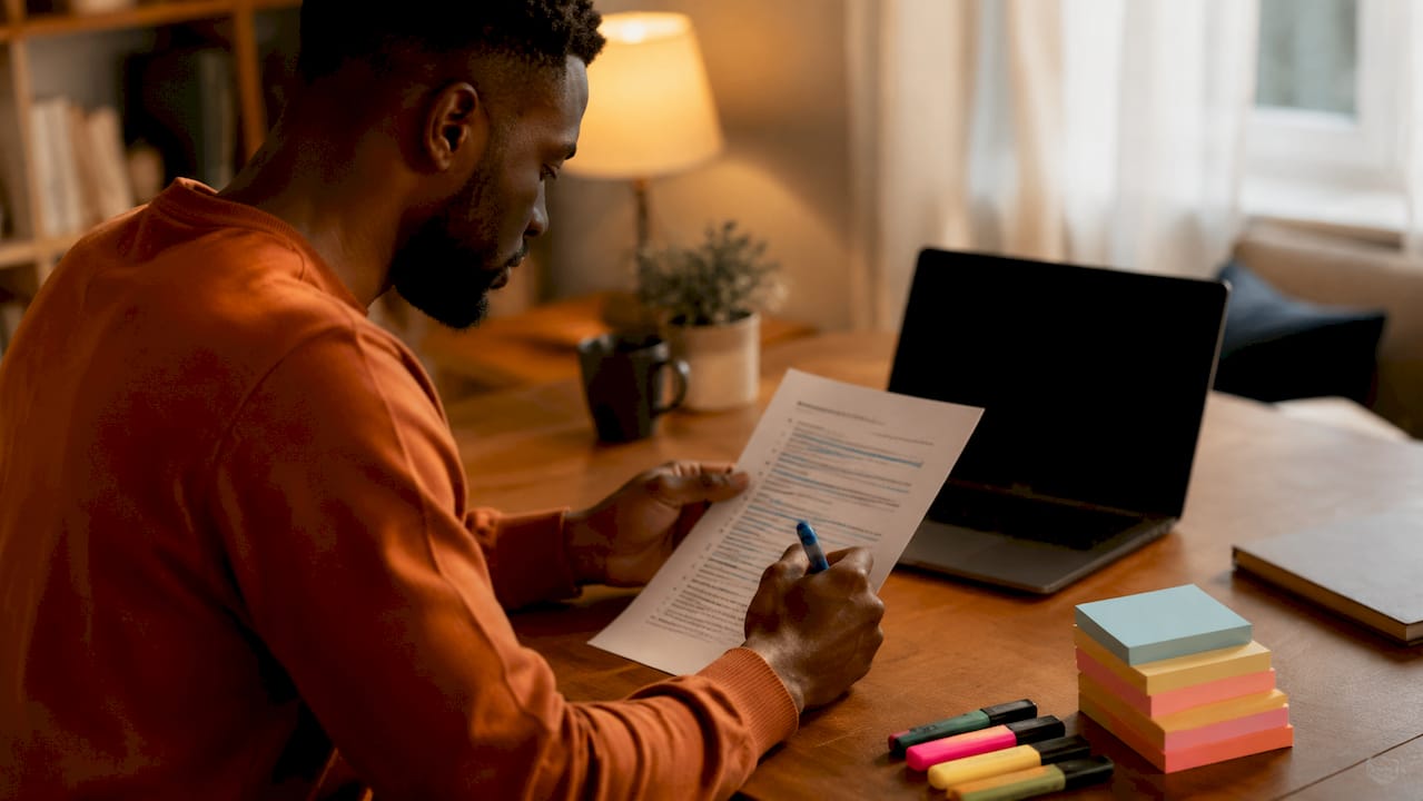 Hands underlining keywords on tech job description