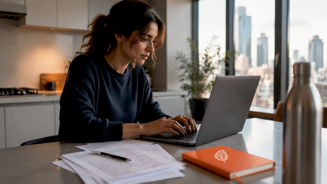 Hands typing near resume draft and digital recorder