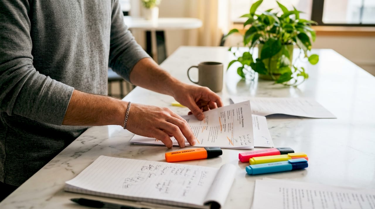 Hands organizing resumes for AI tailoring