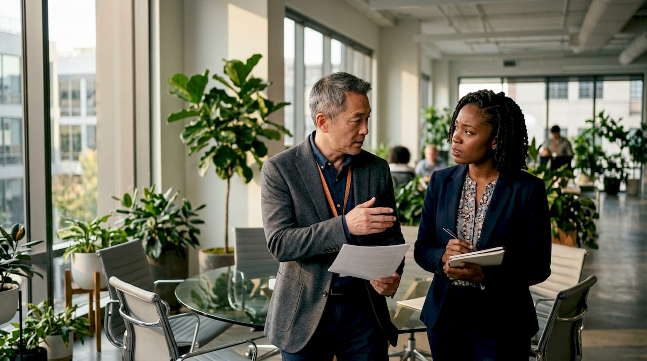 Two colleagues discussing hiring freeze in office