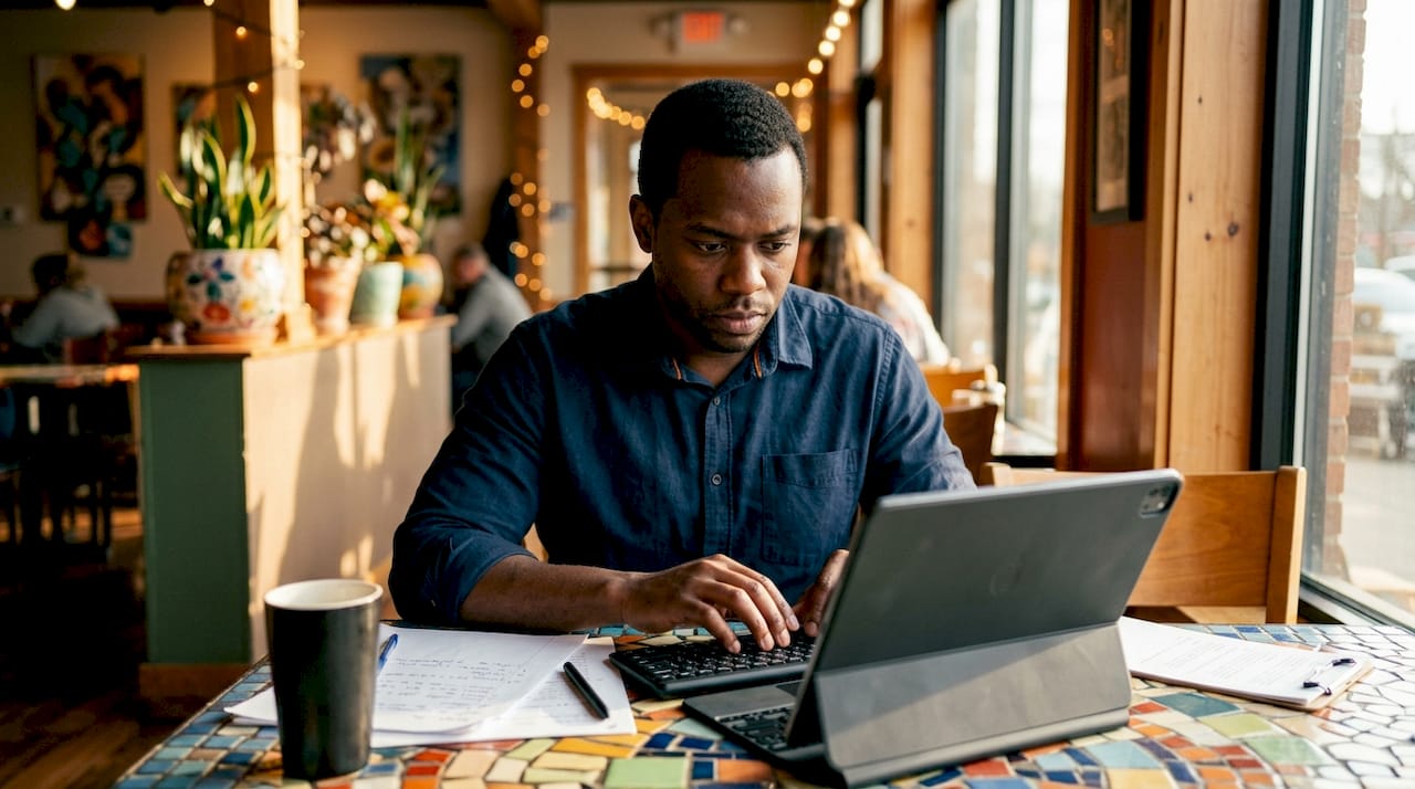 Black man reviewing AI recruitment data on tablet in coworking space