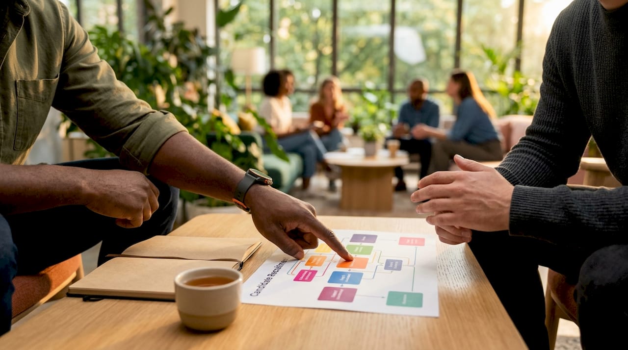 Hands pointing at recruitment pipeline stages chart