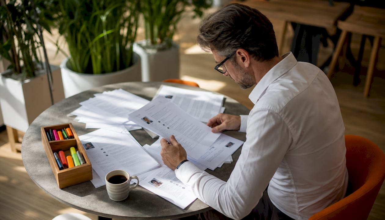 Recruiter reviewing many printed resumes at desk