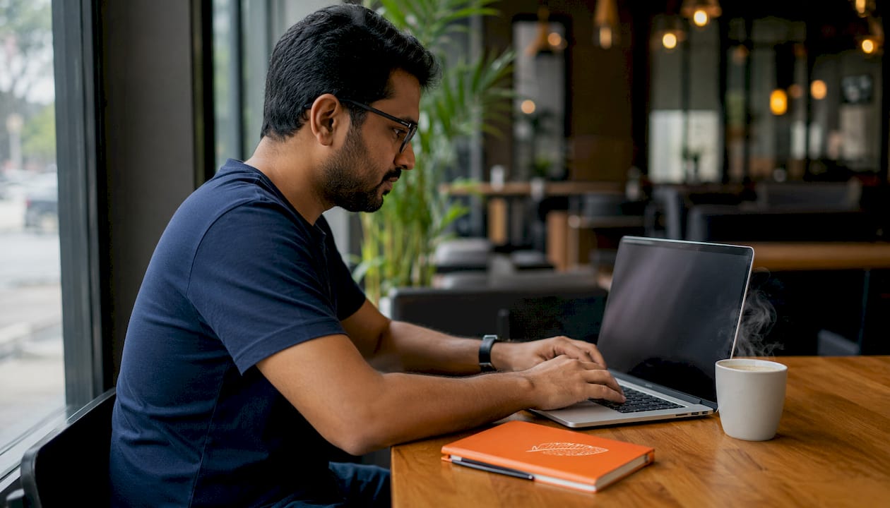 Man searching IT cybersecurity jobs on laptop