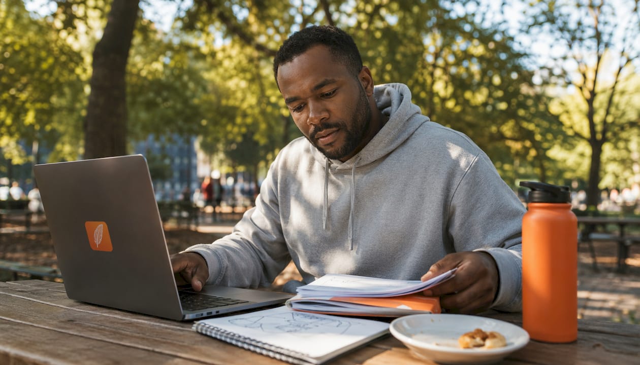 Man working on outreach emails at café