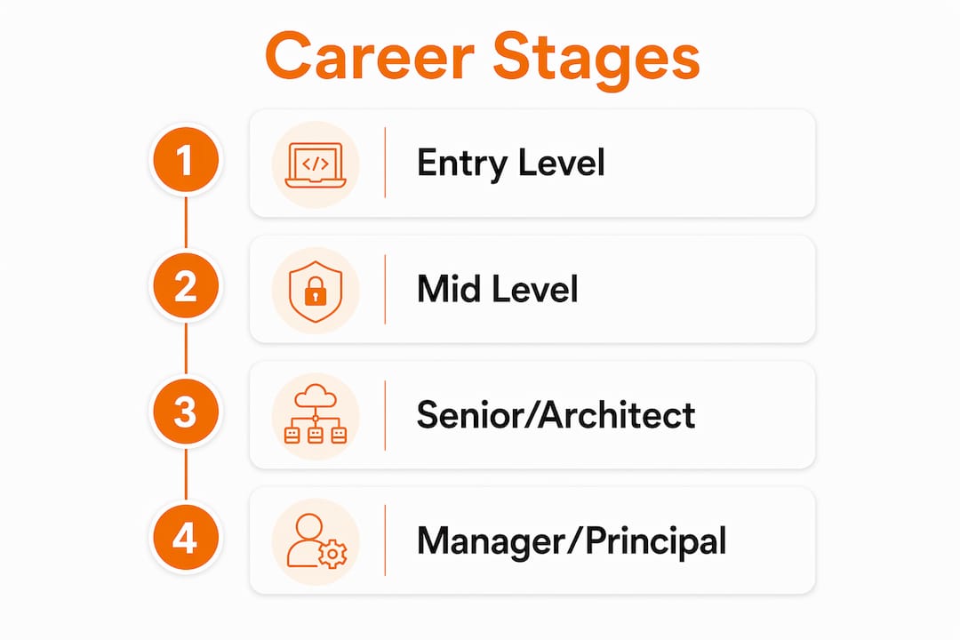 Infographic illustrating IT cybersecurity career stages