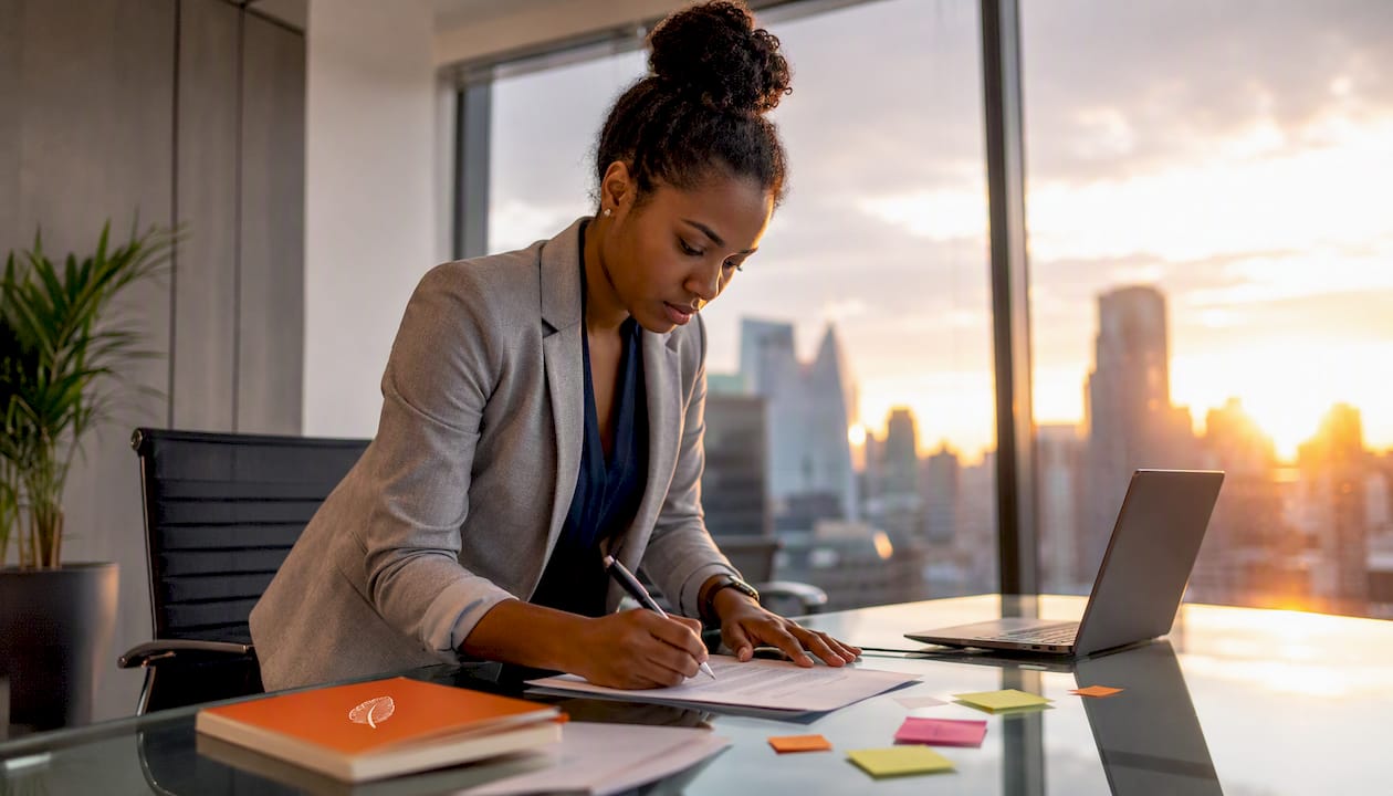 Female cybersecurity analyst working at office desk